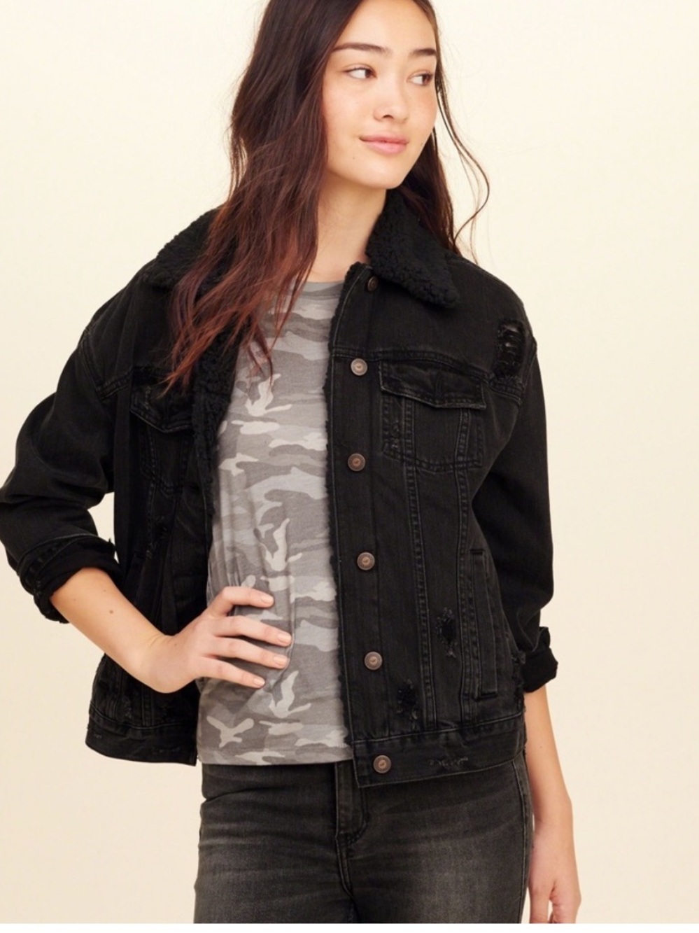 Hollister Black Sherpa-Trim Distressed Denim Jacket Black Sz M